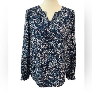 Jessica Simpson Navy Pink Floral Blouse Medium smocked shoulder split neck